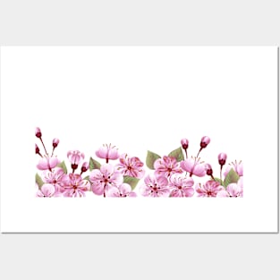 Horizontal border with pink sakura Posters and Art